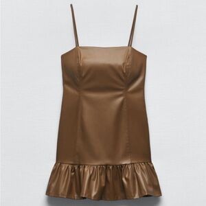 Zara faux leather brown mini dress with ruffle